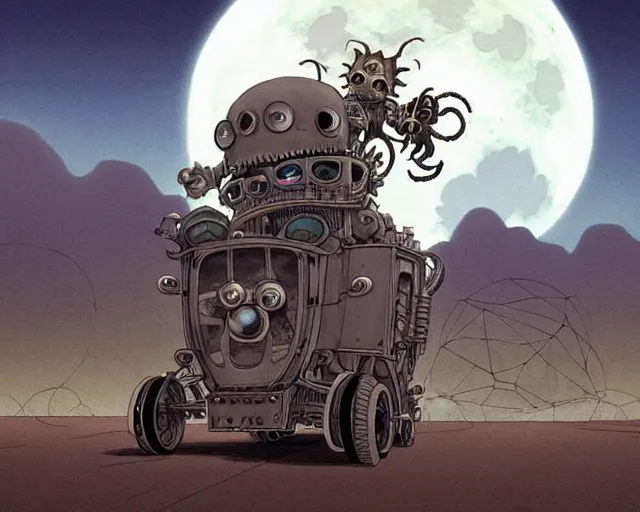 Image similar to a cell shaded cartoon grey lovecraftian mechanized demon from howl's moving castle ( 2 0 0 4 ), with a big head, on a desert road, wide shot, in front of a big moon, muted colors, post grunge, josan gonzales, wlop, by james jean, victor ngai, hq, deviantart, art by artgem