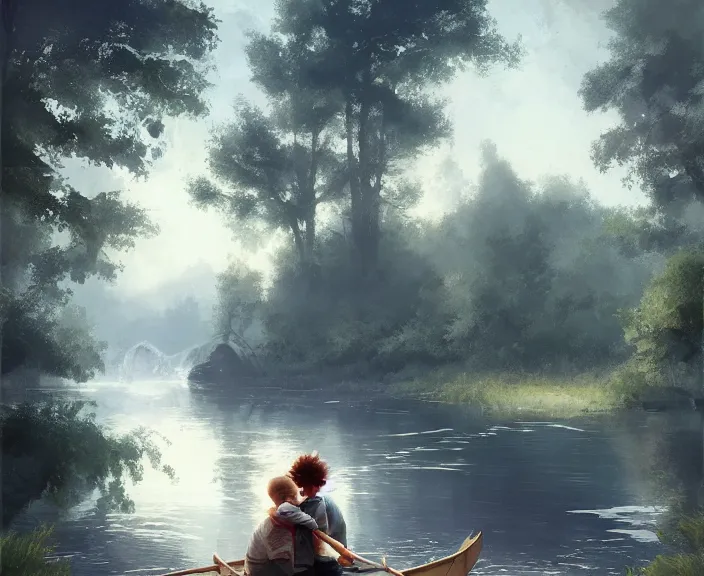 Image similar to a boy and a girl paid sitting together romantically on a long rowboat, girl is leaning on boy’s shoulder. Ripples, trees, shady, atmospheric lighting, details, sharp focus, illustration, by Jordan Grimmer and greg rutkowski, Trending artstation, pixiv, digital art