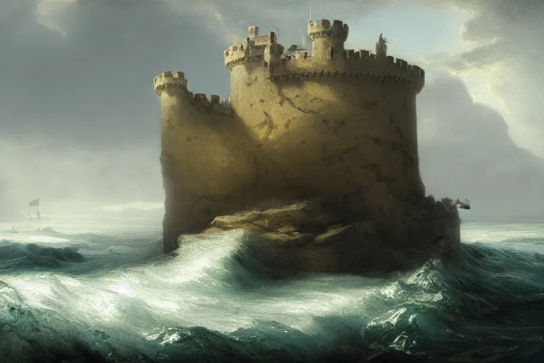 Image similar to an old castle on a seaside cliff. a giant whirlpool in the sea by andreas achenbach and peder balke and martin johnson heade sharp digital painting. dreaming latent space. matte painting, concept art. artstation. digital render. hdr, high dynamic range, global illumination, realistic, 8 k