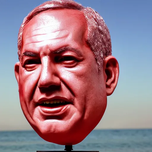 Image similar to a giant benjamin netanyahu head, sculpture made out of juicy and transparent red jelly in the sea, long shot, hyper detailed, hyper realistic, ray tracing, 8 k resolution, sharp focus, realistic water, award winning