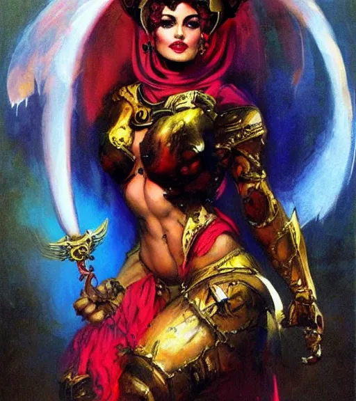 Image similar to portrait of junoesque iranian female chaos angel, beautiful! coherent! by frank frazetta, by brom, strong line, vivid neon color, shining metal power armor, iron helm, high contrast, maximalist