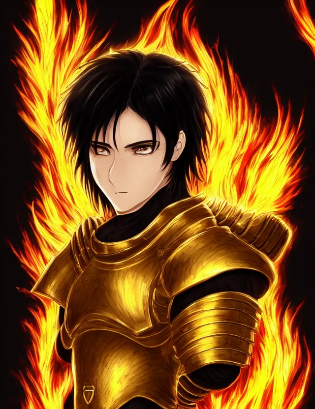 Image similar to a detailed manga portrait of a black haired man with hazel eyes in gleaming golden armour that burns with golden fire, trending on artstation, digital art, 4 k resolution, detailed, high quality, sharp focus, hq artwork, coherent, insane detail, character portrait