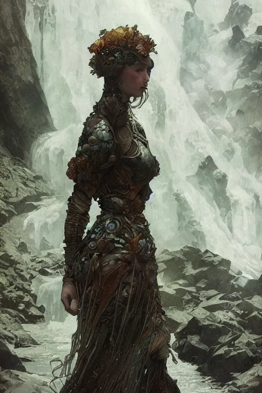 Image similar to a full body portrait of a beautiful post apocalyptic offworld neoicelandic biofarmer swimming by the waterfalls, intricate, elegant, highly detailed, digital painting, artstation, concept art, smooth, sharp focus, illustration, art by krenz cushart and artem demura and alphonse mucha