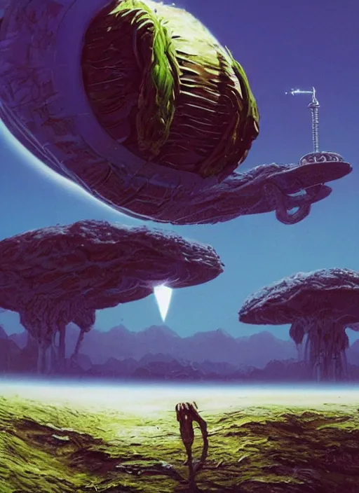 Prompt: alien planet with stange plants and an alien animal looking up to a hovering spaceship, low angle shot, concept art, by chris foss and michael whelan, concept art, digital illustration, trending on artstation, 8 k