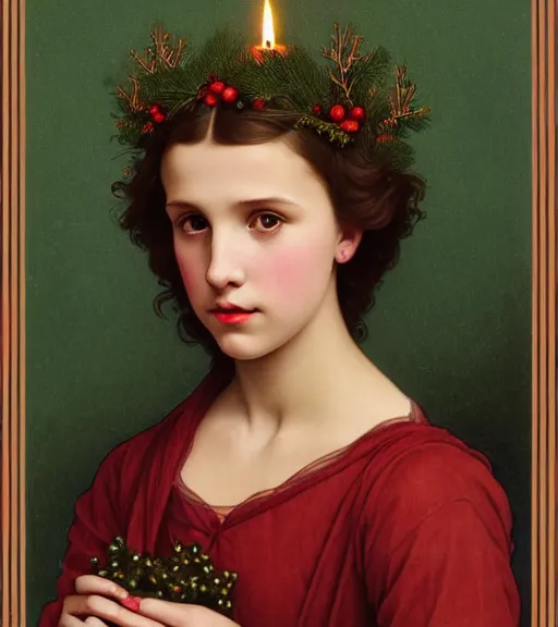 Image similar to dark, realistic detailed portrait of 1 6 - year - old millie bobby brown or alicia vikander wearing a candle wreath as a crown at christmas, lit only by candlelight at night by alphonse mucha, william adolphe bouguereau, and donato giancola, dark art nouveau style, dark red and green colors