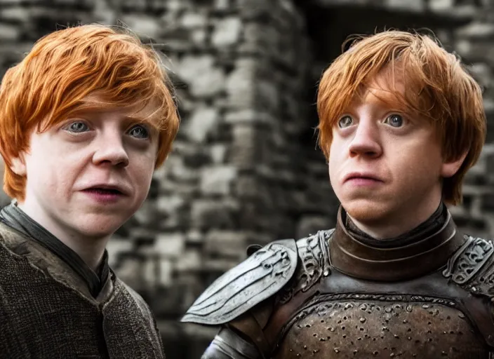 Image similar to hands - on ron weasley as thehnellor in game of thrones, attractive rupert grint as thehnellor in game of thrones, handsome portrait of the actor, live action film, cinematic photo, clear hd image