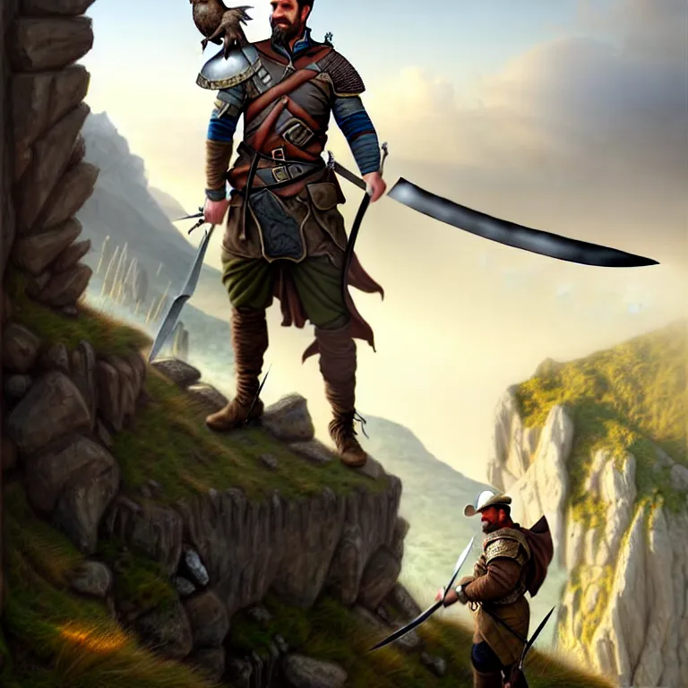 Prompt: middle age ranger with rugged expressions falcon pet on his shoulder holding a long sword, top a cliff observing old ruins of a castle, elegant clothing, photorealistic render, matte painting, highly detailed, artstation, smooth, sharp focus, art by, artgerm, greg rutkowski