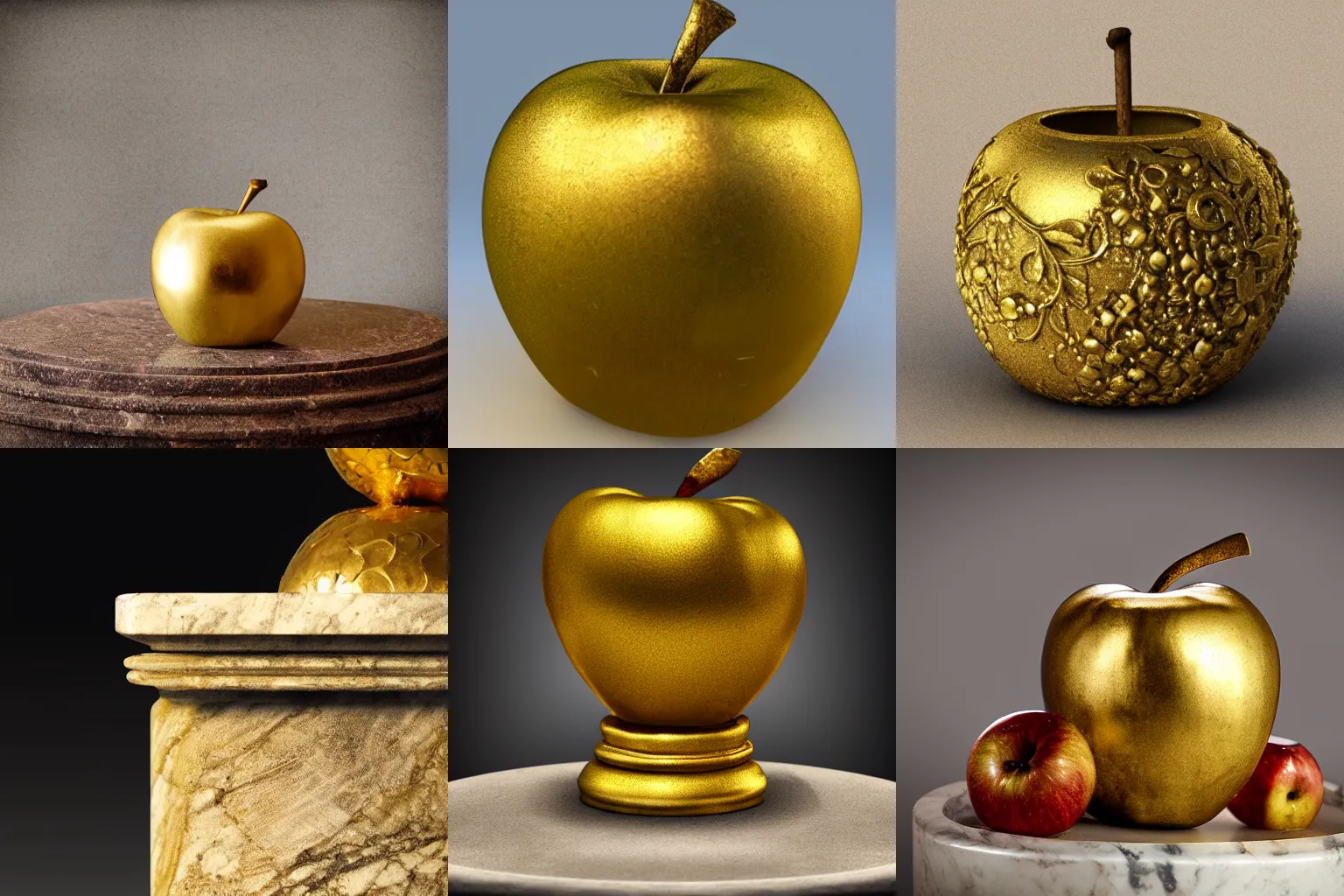 Prompt: ancient gold apple on a miniature roman pillar made of marble, realistic, studio lighting, 4 k