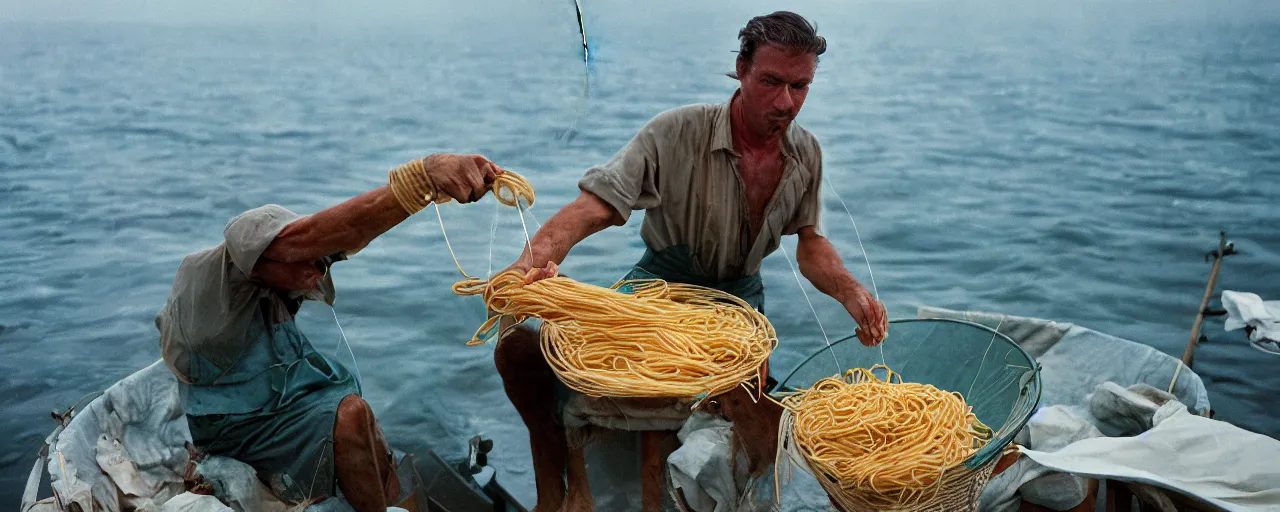 Prompt: fisherman pulling up a fresh catch of spaghetti from the ocean, canon 5 0 mm, cinematic lighting, photography, wes anderson, film, kodachrome