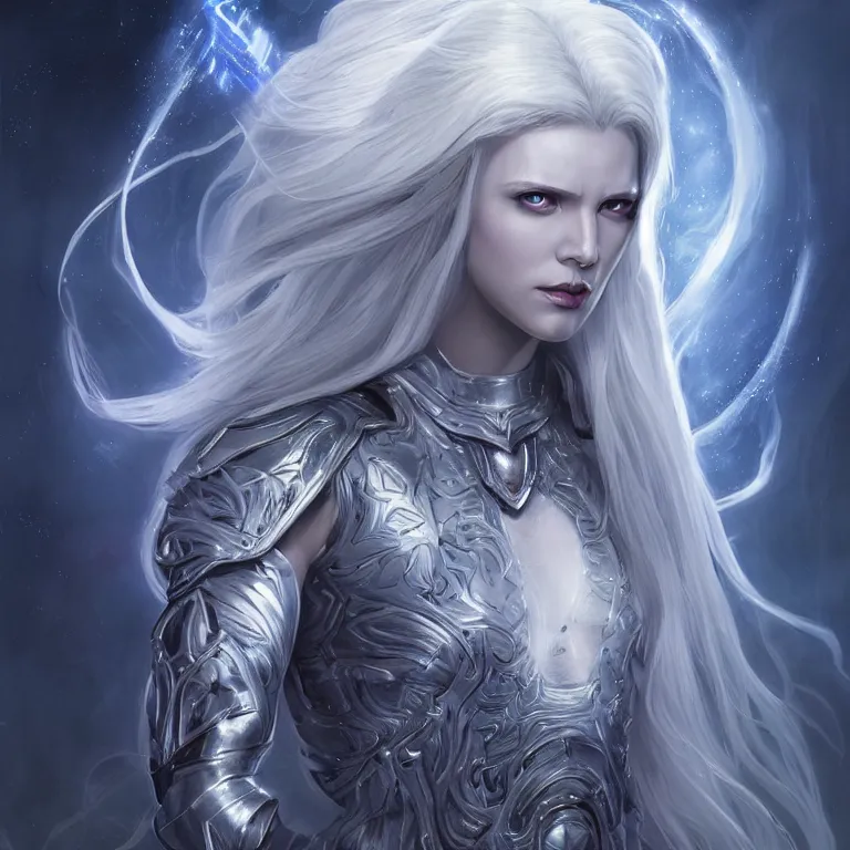 Image similar to beautiful cinematic fantasy poster, sci-fi, a beautiful female ghost with brilliant silver flowing hair and a brilliant jeweled silver helm, beautiful white glowing eyes, wideshot ultrawide angle epic scale, hybrid from The Elden Ring and art direction by Darius Zawadzki ;by artgerm; wayne reynolds art station; cinematic quality character render; low angle; ultra high quality model; production quality cinema model;