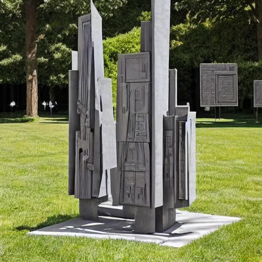 Prompt: A sculpture by Louise Nevelson of sheet music containing real notes from the Star Wars opening theme; on display in an outdoor sculpture garden