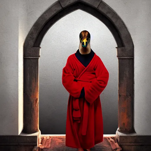 Image similar to portrait of cute mallard duck, wearing cultist red robe, inside a castle, black feathers, glowing arcane eyes, expressive oil painting, digital art, octane render