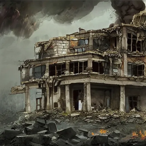 Prompt: collapsed mansion from explosion killing 4 0 men women and children, dungeons and dragons, concept art, highly detailed art