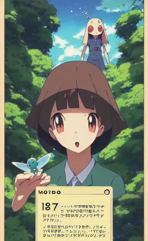 Image similar to a pokemon go card from 1 9 5 0, illustration, insect trainer girl, clear sky background, lush landscape, concept art, anime key visual, trending pixiv fanbox, by wlop and greg rutkowski and makoto shinkai and studio ghibli and kyoto animation, symmetrical facial features, short hair, hair down