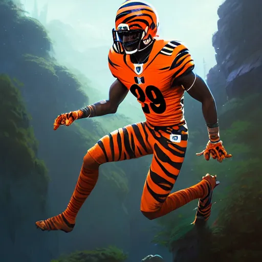 Image similar to highly detailed portrait of bengals wide reciever ja'marr chase, unreal engine, fantasy art by greg rutkowski, loish, rhads, ferdinand knab, makoto shinkai and lois van baarle, ilya kuvshinov, rossdraws, tom bagshaw, global illumination, radiant light, detailed and intricate environment h 6 0 4