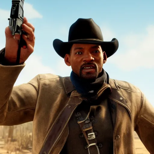 Prompt: Film still of Will Smith, from Red Dead Redemption 2 (2018 video game)