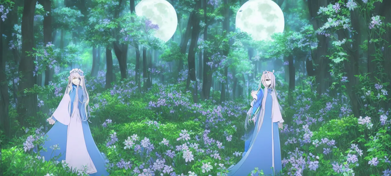 Image similar to illyasviel walking through enchanted ghibli clover | Big Moon at Blue Night | Trees with white flowers | bioluminescent blue FLOWERS | strong blue rimlit | visual-key | anime illustration | highly detailed High resolution | Light Novel | Visual Novel | In the style of Miyama-Zero, Yuuki Hagure