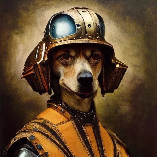 Prompt: a portrait of a hound dog wearing a armor, titian, sam spratt, maxfield parrish, gustav klimt, tom bagshaw, mark ryden, alphonse mucha, rembrandt, high quality, painting, oil