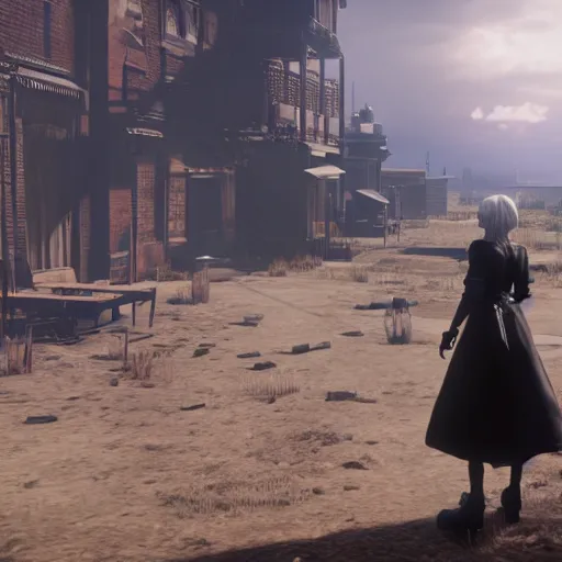 Prompt: Film still of 2B nier automata in a town from Red Dead Redemption 2 (2018 video game), concept art