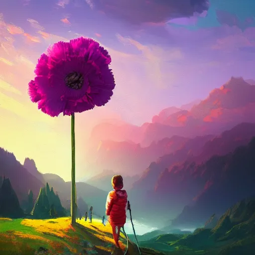 Image similar to giant carnation flower as a head, girl hiking in the mountains, surreal photography, sunrise, dramatic light, impressionist painting, colorful clouds, digital painting, artstation, simon stalenhag