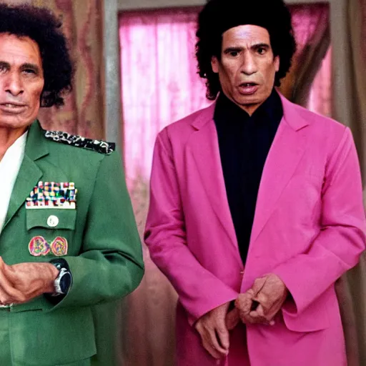 Prompt: A movie still of Muammar Gaddafi wearing a pink dress in Mean Girls