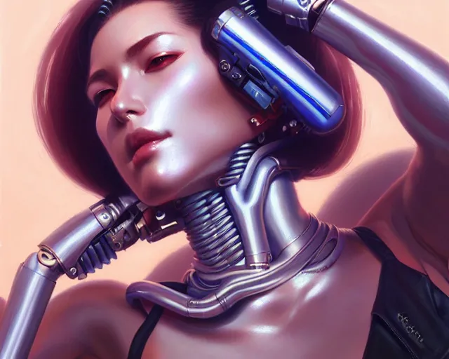 Image similar to a ultradetailed beautiful portrait painting of a stylish female cyborg, chrome plated, oil painting, by hajime sorayama, greg rutkowski and makoto shinkai, trending on artstation