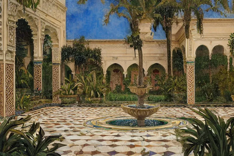 Image similar to painting of a beautiful moorish palace courtyard garden, by ludwig deutsch and donato giancola, patterned tilework, palm trees, tiled fountains, extremely detailed, cinematic lighting, smooth sharp focus