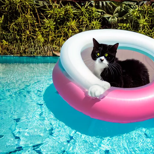 Prompt: photo of a cat in an inflatable tube in a pool