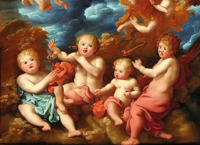 Image similar to cherubs eating cheeto's, extremely detailed, a baroque painting, rococo style