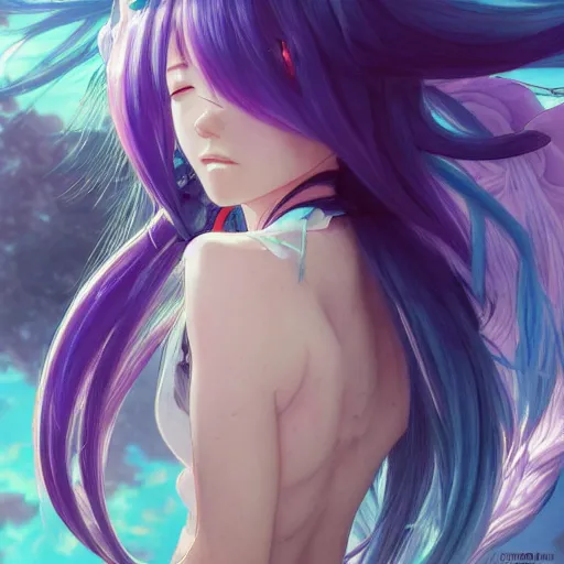 Image similar to hatsune miku eating small boy with back hair and blue purple eye, anime style, hyper detailed, illustration, digital painting, art by artgerm and greg rutkowski and alphonse mucha, high delicate defined details, anime stylized, highly detailed