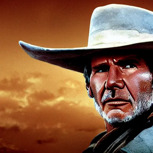 Prompt: harrison ford as the man with no name from the good the bad and the ugly ( higly detailed, still shot, cinematic, photo realistic, great quality )