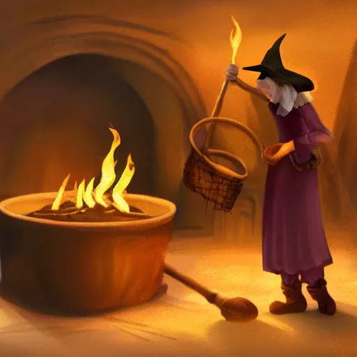 Image similar to a witch adding ingredients to her cauldron, concept art, ambient lighting lit only by the fires glow