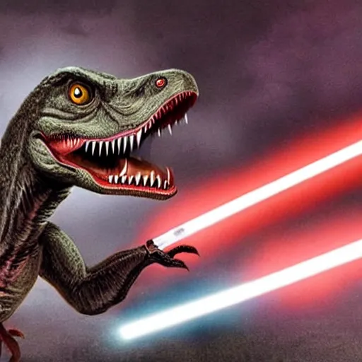 Image similar to a velociraptor with a lightsaber fights darth vader