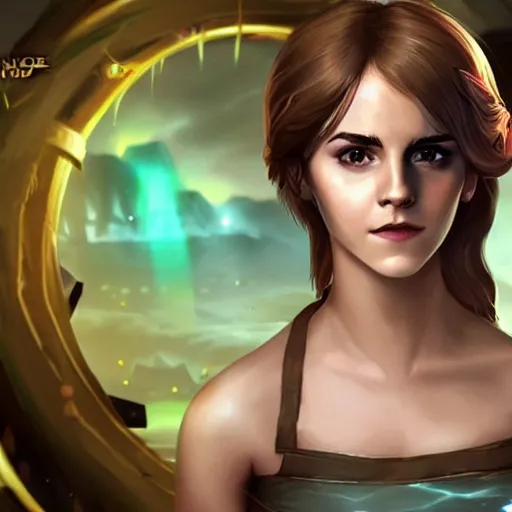 Prompt: Emma Watson as a character in the game League of Legends, with a background based on the game League of Legends, detailed face, old 3d graphics
