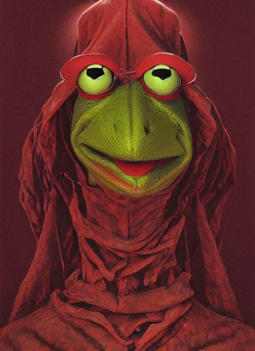 Image similar to portrait of Kermit the frog in Suspiria (1977), highly detailed, centered, solid color background, digital painting, artstation, concept art, smooth, sharp focus, illustration, Jason Edmiston, donato giancola, Joseph Christian Leyendecker, Les Edwards, Ed Repka, WLOP, Artgerm