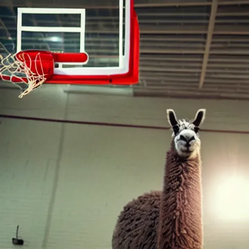 Image similar to film still of a llama in a jersey dunking a basketball like michael jordan, low angle, show from below, tilted frame, 3 5 °, dutch angle, extreme long shot, high detail, indoors, dramatic backlighting.