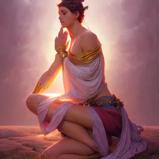 Prompt: perfectly - centered photo - realistic goddess, lifelike, highly detailed, professional digital painting, unreal engine 5, photorealism, hd quality, 8 k resolution, cinema 4 d, 3 d, cinematic, art by artgerm and greg rutkowski and alphonse mucha and loish and wlop