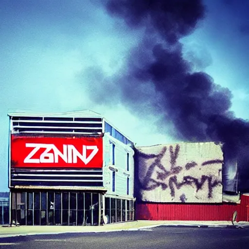 Image similar to burning warehouse with giant sign that says “ ozon ”, realistic photo