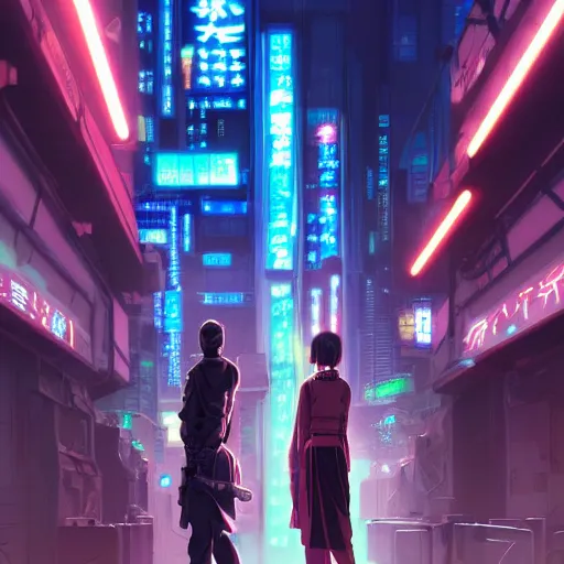 Image similar to Jedi in future japan at night, Neon Lights, High contrast concept art, fine details, studio ghibli, cinematic lighting, ghost-in-the-shell, cyberpunk,sci-fi, fantasy, intricate, elegant, highly detailed, digital painting, trending on artstation, concept art, smooth, sharp focus, illustration, by james gurney and greg rutkowski