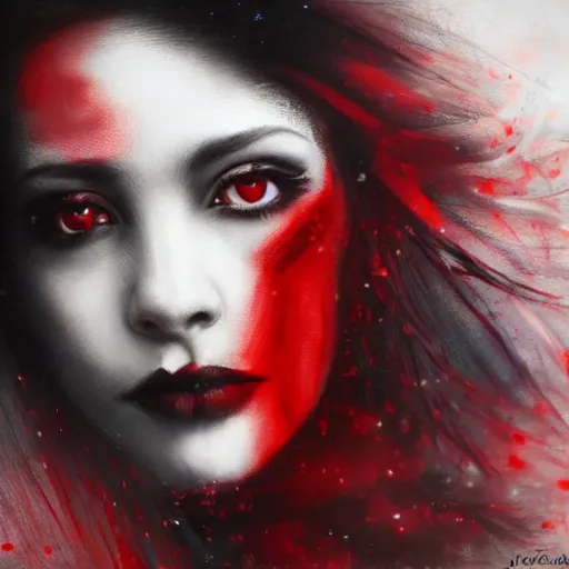 Prompt: masterpiece dynamic portrait of an aesthetic beautiful realistic black haired woman protesting, 3 0 years old woman, mid long hair, black eyed, red peace and love symbol on the cheek, digital painting by john howe, atmospheric red effects, sparkles, artstation, deviantart, large view, motion blur, black background