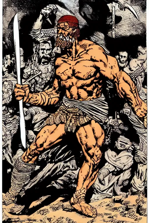 Image similar to ancient historically accurate depiction of the Bible Character Goliath of Gath, the Philistine warrior giant by frank miller