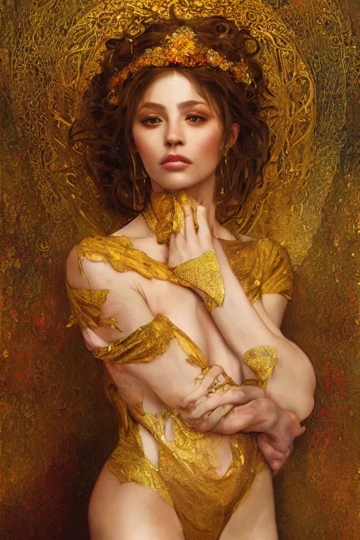 Image similar to an intricate painting of a beautiful young lady with an artistic sensual pose with klimt golden motives and textures, hyper detailed, ornamental gold headpiece, octane render, vivid colors, artstation, by jeremy mann, by alphonse mucha, by boris vallejo