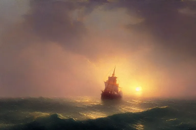 Prompt: Ghost ship in the stormy sea, sunset, by Aivazovsky, trending on artstation, bright sunny day, 8k, sharp high quality,