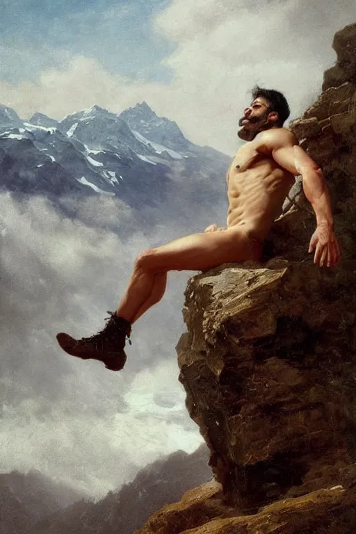 Prompt: a homoerotic portrait by greg rutkowski and albert bierstadt and bill ward of a shirtless desi hiker on a mountain peak | he is wearing a revealing tartan kilt and leather boots | background is snowy mountains and clouds | detailed face, ethereal, dreamlike | trending on artstation