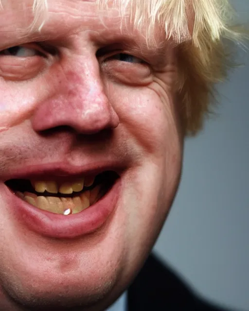 Image similar to a film still extreme close - up shot of boris johnson grinning. photography, photographic