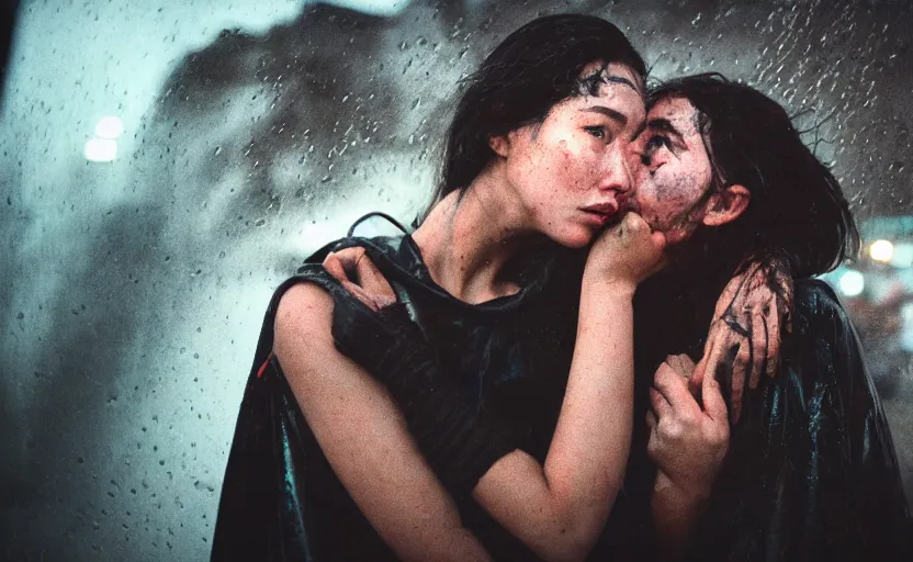 Image similar to cinestill 5 0 d candid photographic portrait by steve mccurry of two loving female androids sobbing wearing rugged black mesh techwear in treacherous waters, flooded city, medium closeup, retrofuturism cyberpunk moody emotional cinematic, pouring iridescent rain bright spotlight helicopter, 8 k, hd, high resolution, 3 5 mm, f / 3 2, ultra realistic faces, ex machina