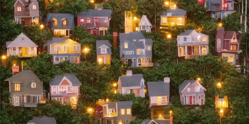 Prompt: small suburban houses in America at night by Wes Anderson, fantasy, imagination, cinematic