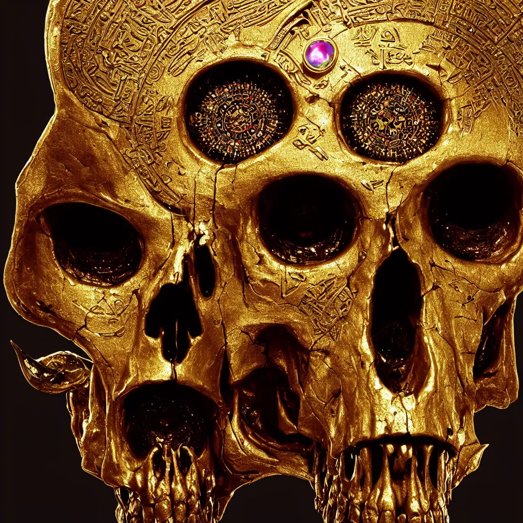 Image similar to Photorealistic epic egyptian god face close up portrait human skull, ram skull, jackal skull, gold, gemstones, gems, jewels, light beams, lens flare. ominous, ancient magic, scary intricate artwork by Tooth Wu and beeple and Jake Baddeley. octane render, trending on artstation, greg rutkowski very coherent symmetrical artwork. cinematic, hyper realism, high detail, octane render, 8k