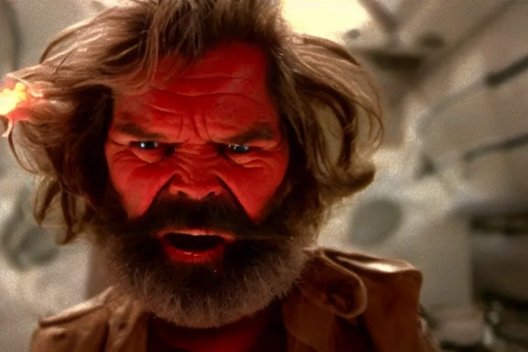 Image similar to scary filmic closeup color ground level angle movie still 35mm film color photograph of Kurt Russel with a beard and mustache burning an abstract alien organism from The Thing 1982 with a flamethrower, in the style of a horror film