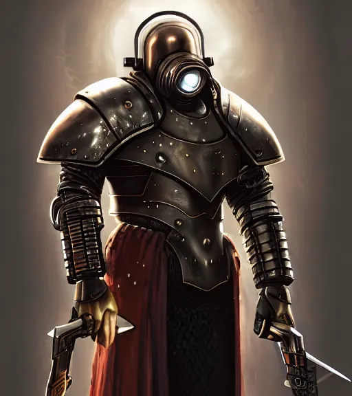 Prompt: a large cyberpunk western style paladin in rounded heavy plate armor with large shoulder pads and a storm helmet and a very large circle shield he is holding a large spear in a cyberpunk setting, dnd magazine cover, style by rembrandt, artgerm, cyberpunk 2 0 7 7, very coherent, detailed, 8 k resolution, unreal engine, daz